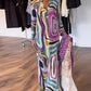 Deep V printed long hem dress