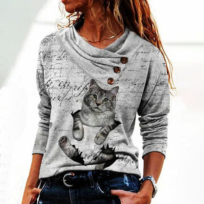 Cat Print Casual Blouse