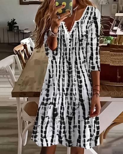 Printed button v-neck dress