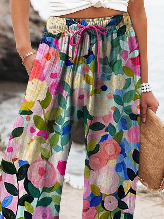 Colorful Spring Floral Garden Printed Women's Cotton And Linen Casual Pants