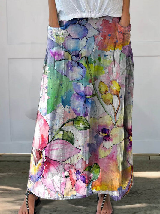 Women's Vintage Floral Watercolor Art Printed Linen Pocket Skirt