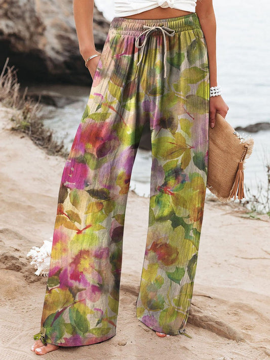 Women's Vintage Floral Art Printed Cotton And Linen Casual Pants